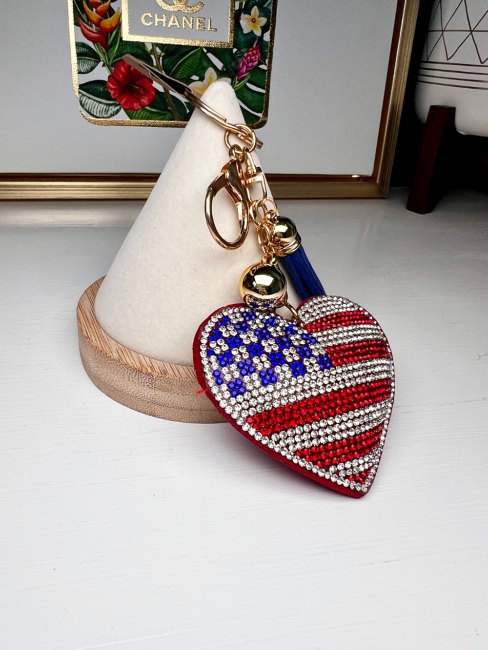 Sparkling Patriotic Heart Keychain Bag Charm and Card Holder - Red, White & Blue - Picture 6 of 7